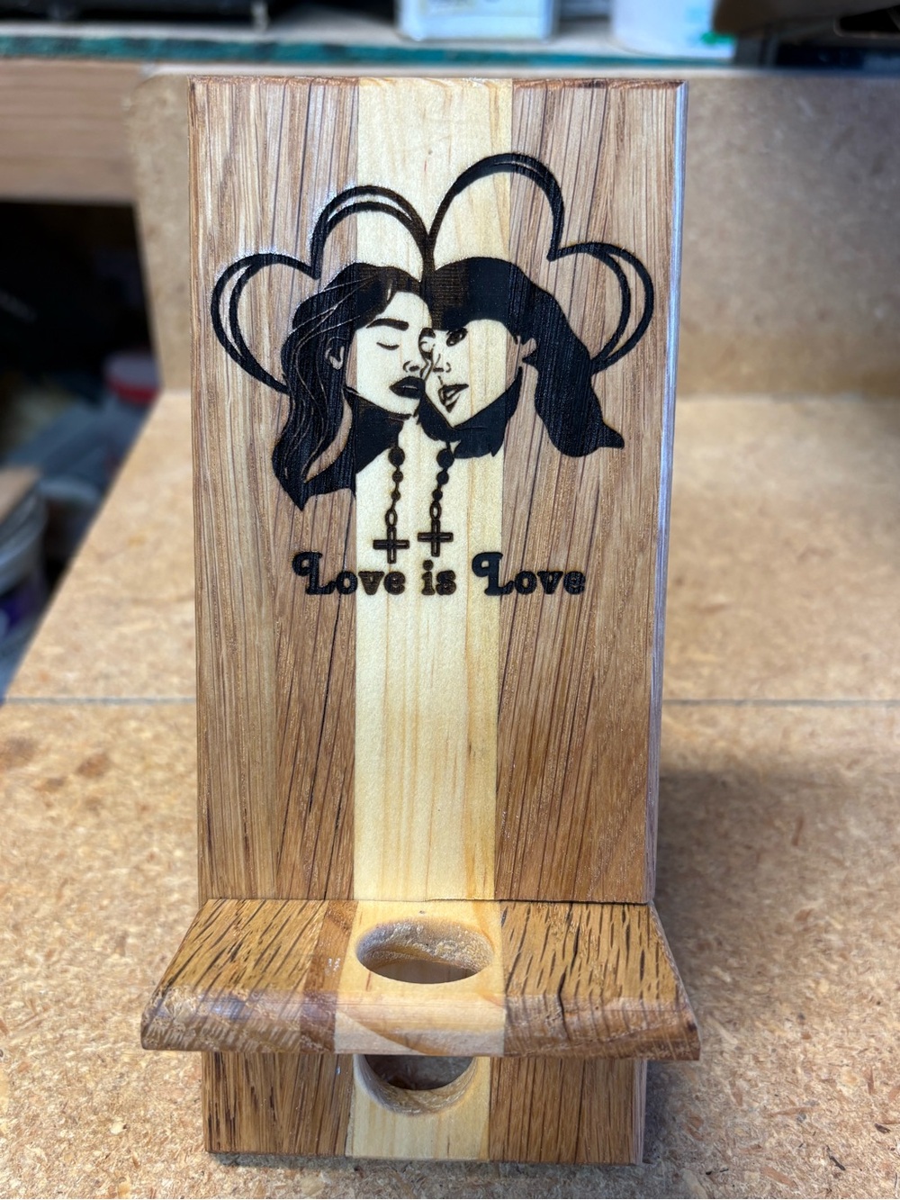 Handmade Wooden Phone Stand with Love is Love Design - Natural Oak and Pine Wood